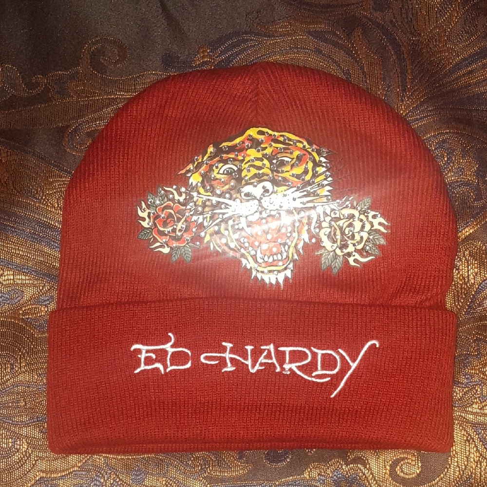 🌺ED HARDY Maroon Beanie with Tiger Graphic